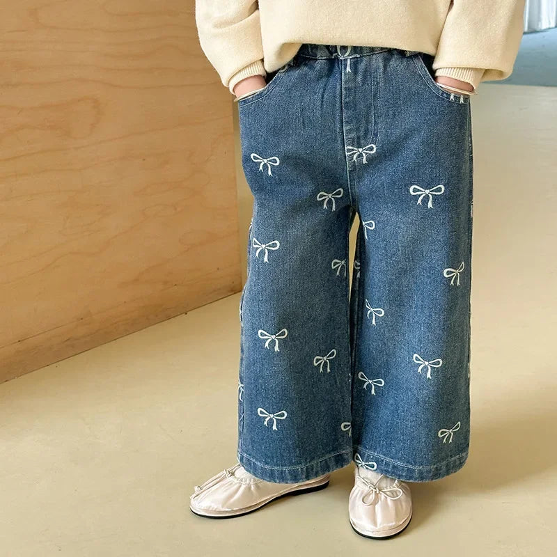 Childrens Clothing 2024 Autumn New Korean Bow Loose Jeans Trendy Girls Cute Clothes Teenage Girls Clothing