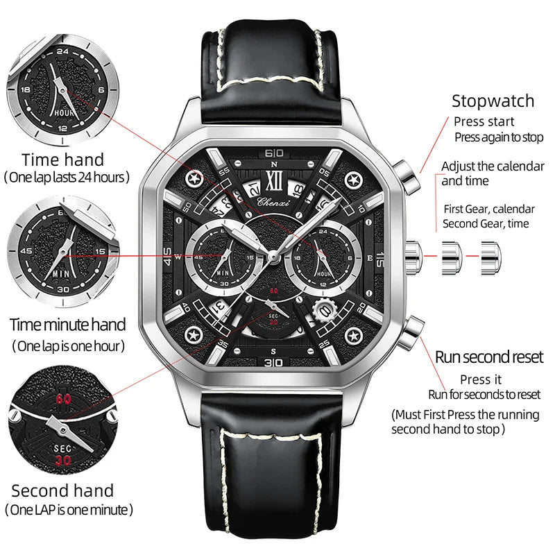 CHENXI High Quality Multifunctional Business Leisure Watches For Man Square Dial Leather Strap Quartz Wristwatches Clock Gifts