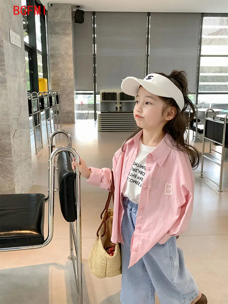 Fashion Baby Girl Pink Shirt Cotton Infant Toddler Child Loose Blouses Solid Color Spring Autumn Summer Teens kid Clothes 1-11Y