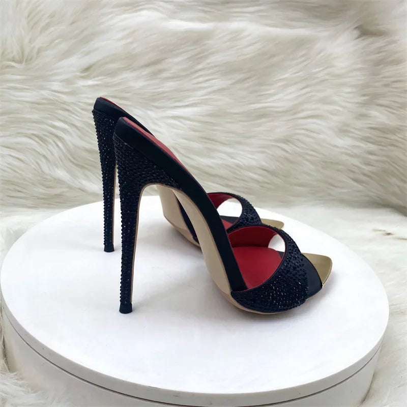 Crystal Black Shiny Fashion Women Sandals Slip on 12cm High Heels Slides Wedding Sexy Shoes Woman Slippers Plus Size 33-45