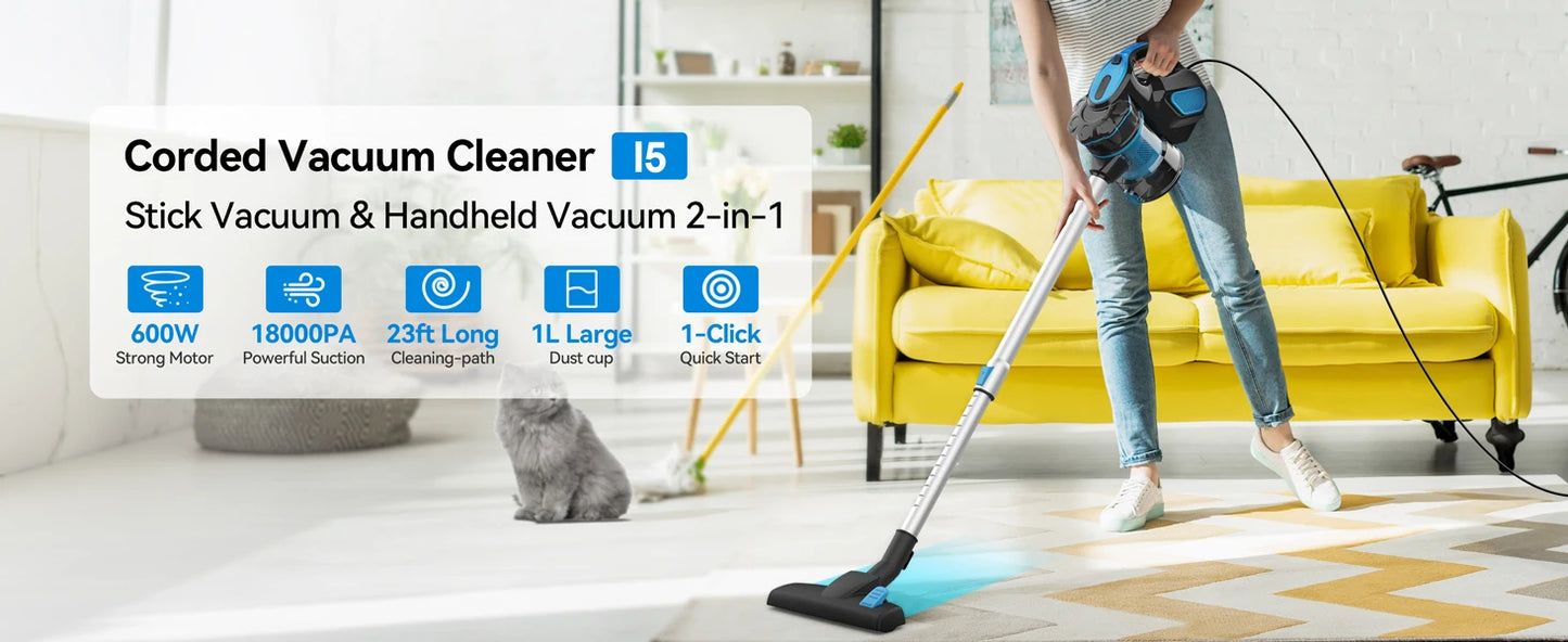 INSE I5 Corded Vacuum Cleaner with 600W Motor 18Kpa Powerful Stick Handheld Vaccum Cleaner for Home Pet Hair Hard Floor Cleaning