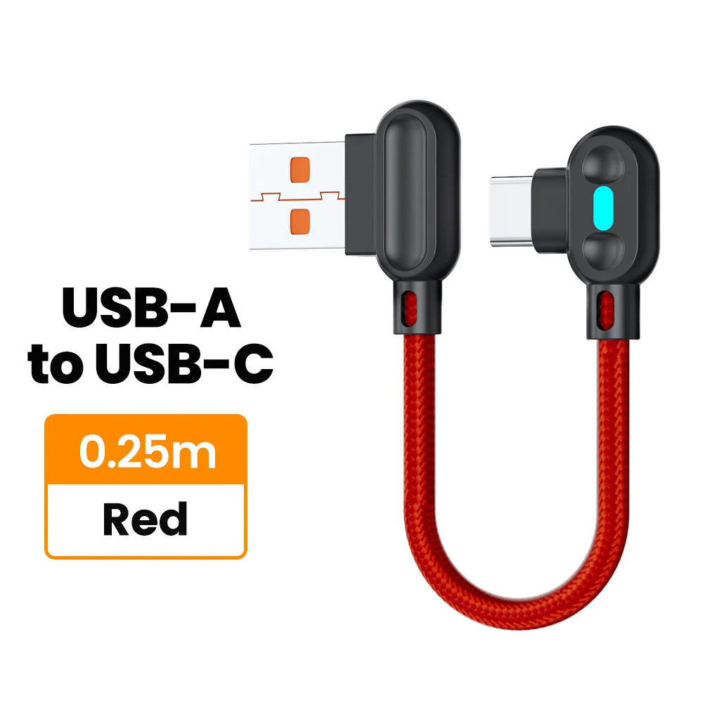 100W USB To Type C Fast Charging Cable 90° Double Elbow Bend Mobile Game Fast Charging Cable For Xiaomi Huawei With LED 0.25m/1m