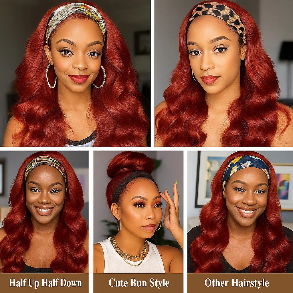 Reddish Brown Headband Wig Human Hair Body Wave None Lace Wig Human Hair Colored 33# Red Brown Headband Wigs for Black Women