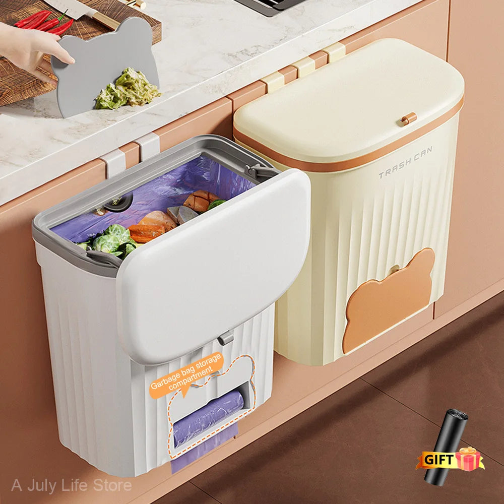 8.5/12L Kitchen Wastebasket Wall Mounted Trash Can With Lid Bathroom Trash Bin Garbage Can for Cabinet Under Sink Compost Bin - Merit Sell