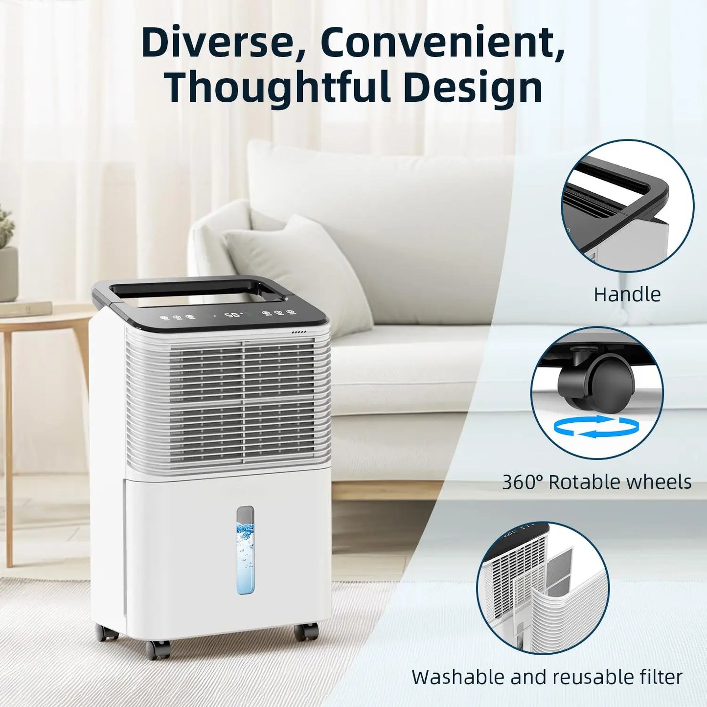 Dehumidifier 16 L/day, Ultra-quiet Electric Intelligent Central Control, Auto Mode, Moisture Display, 24h Timer Home Appliances