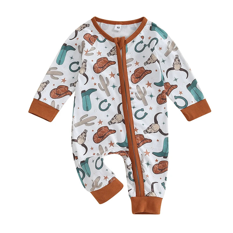 FOCUSNORM 0-12M Autumn Infant Baby Boys Girls Western Jumpsuits 3 Style Cow Head Floral Print Long Sleeve Zipper Romper