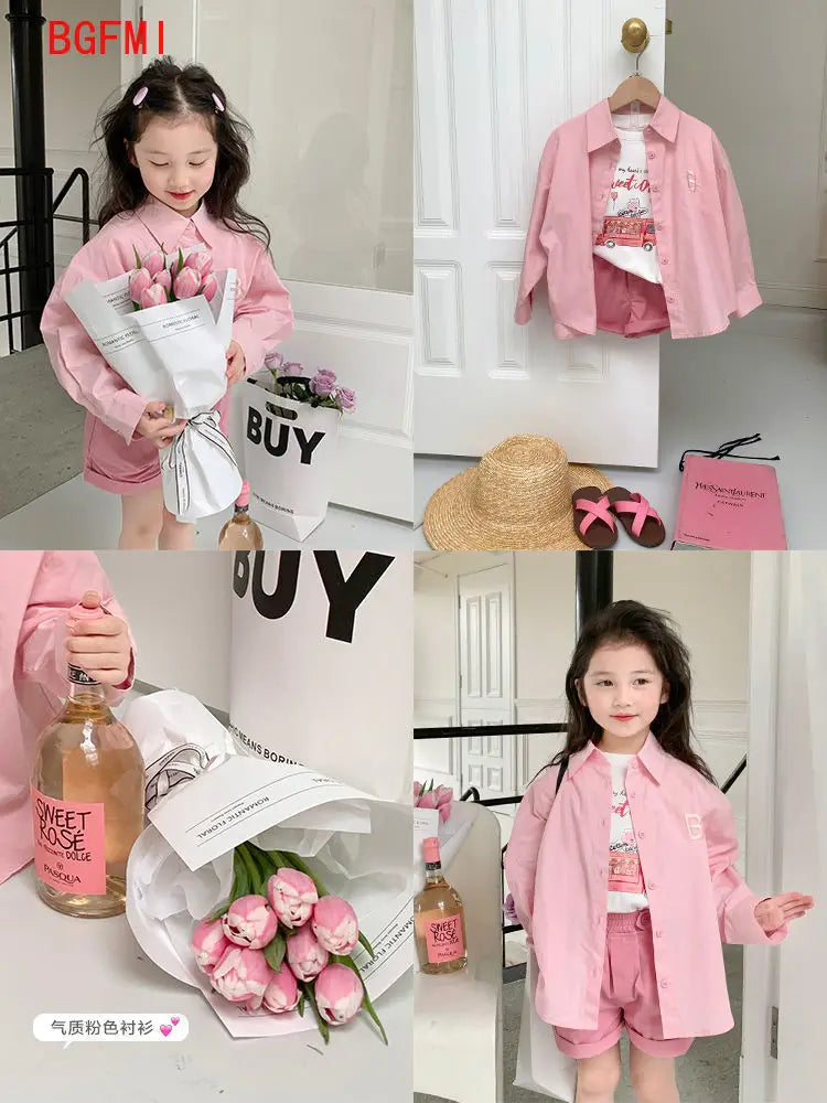 Fashion Baby Girl Pink Shirt Cotton Infant Toddler Child Loose Blouses Solid Color Spring Autumn Summer Teens kid Clothes 1-11Y