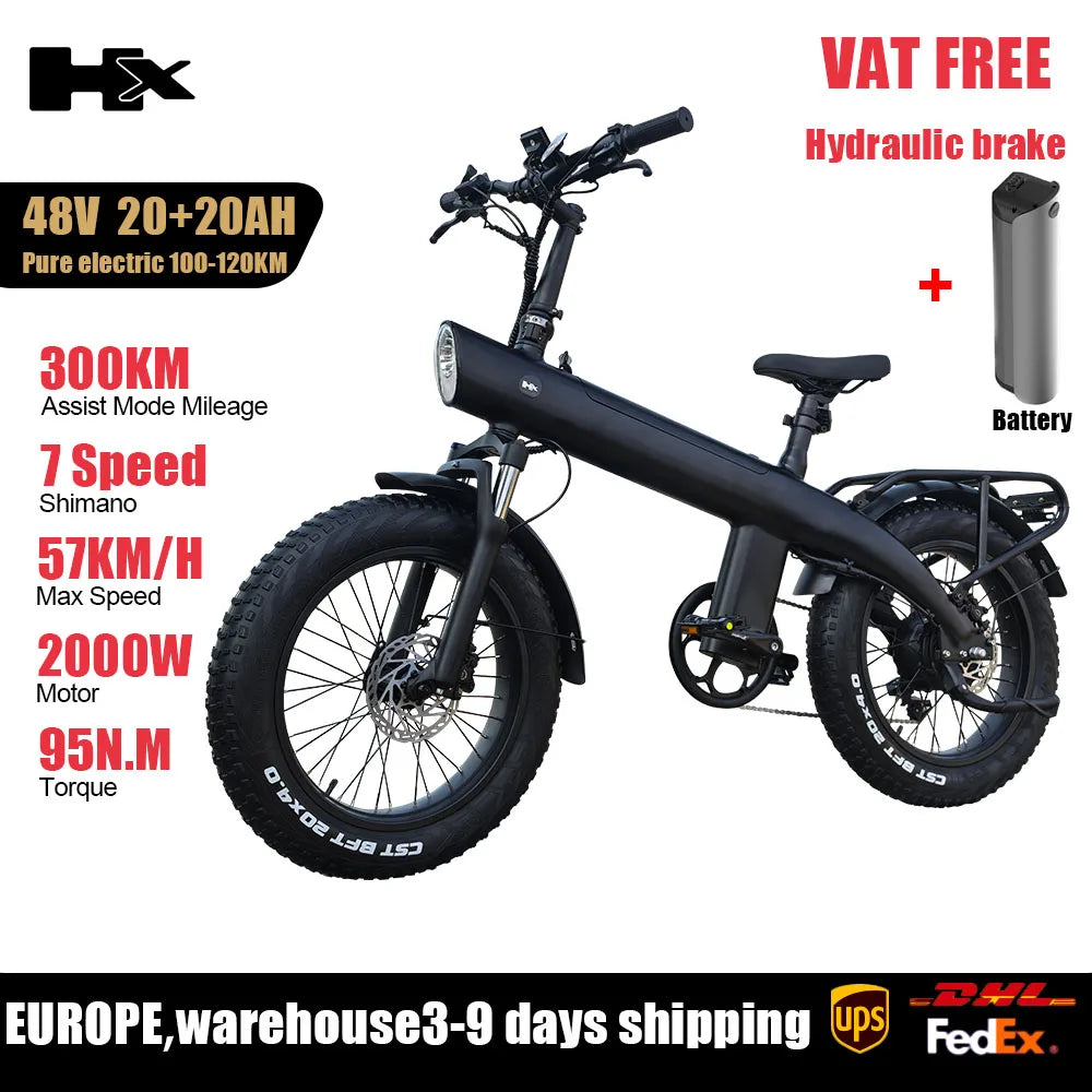 HX Q3 2000W Adult Electric Bicycle 48V 20AH E Bike Removable Battery Foldable Ebike 20 inch fat tire Electric Bike