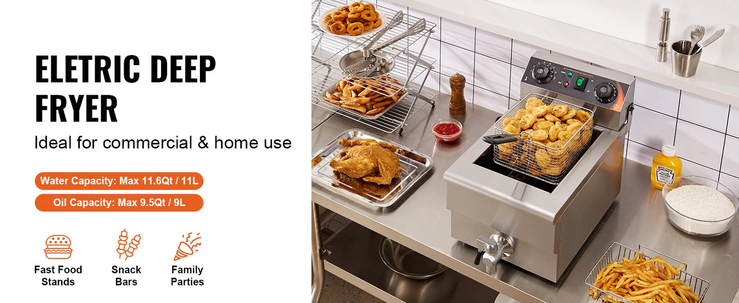 VEVOR Commercial Deep Fryer Electric Countertop Fryer with Basket 11.6Qt Stainless Steel Single Oil Fryer w/Time & Temp Control