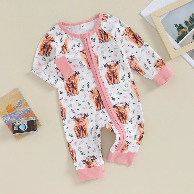 FOCUSNORM 0-12M Autumn Infant Baby Boys Girls Western Jumpsuits 3 Style Cow Head Floral Print Long Sleeve Zipper Romper