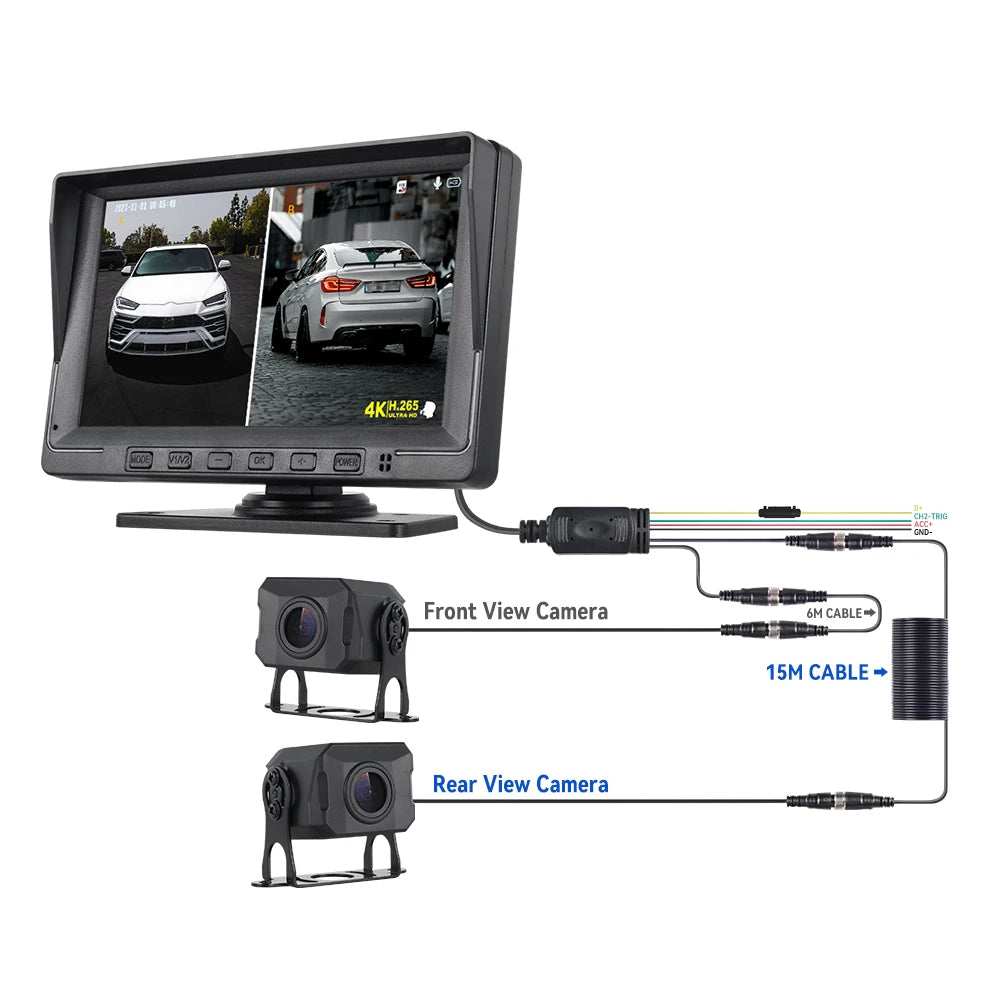 MJDOUD 7 inch Truck Car Monitor 2CH DVR Video 1920*1080p IPS Screen Recorder for Bus truck Reverse Backup Vehicle Camera 12-24V