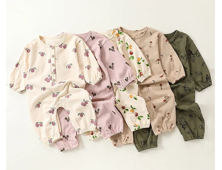 Newborn Infant clothes spring and autumn boys print Grapes one-piece girls baby solid color zipper Mushroom romper kids clothes