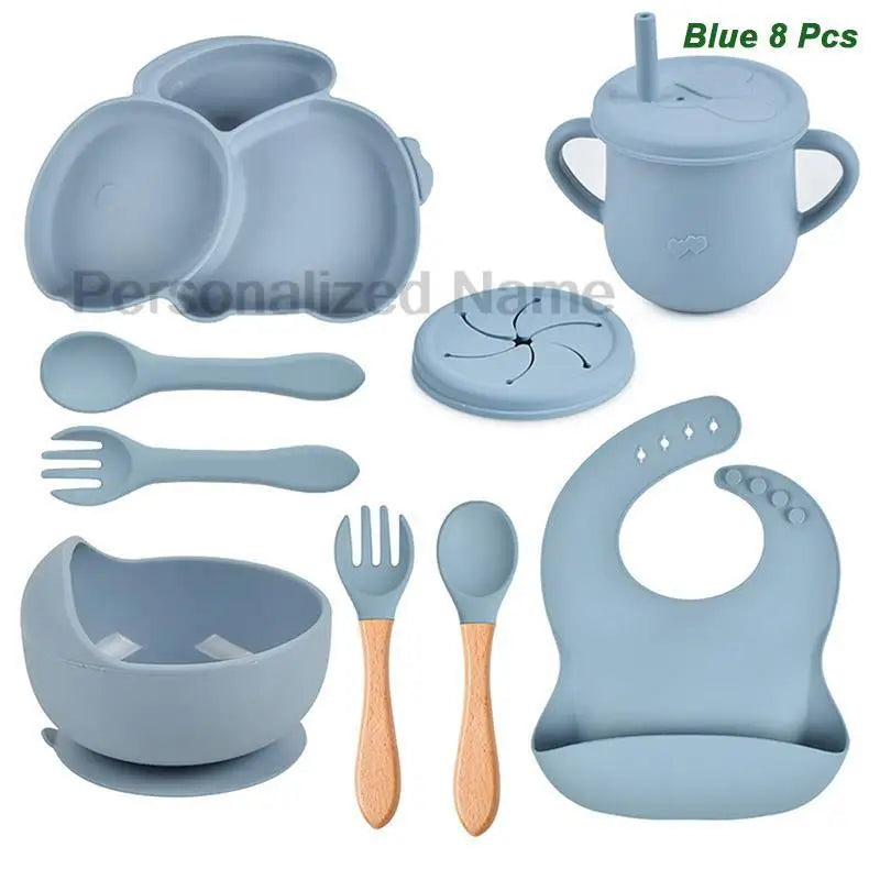 Free Personalized Name Baby Silicone Rabbit Divided Plate Set Baby Feeding Dishes BPA Free Bowl Plate Bibs Spoon Fork Sippy Cup