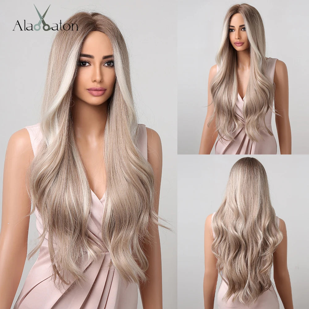ALAN EATON Long Curly Wavy Synthetic Wigs for Women Brown to Blonde Ombre Hair Wig Ntural Middle Parted Party Wig Heat Resistant