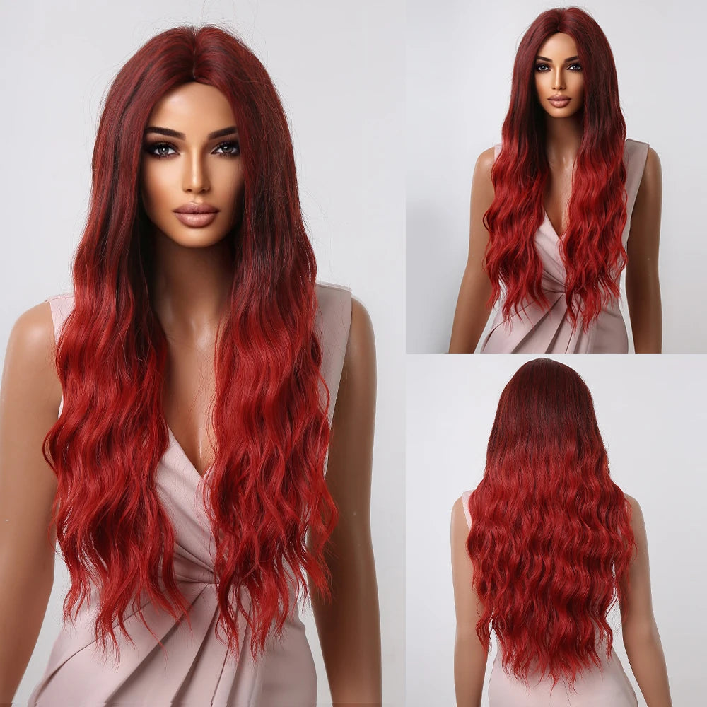 ALAN EATON Long Curly Wavy Synthetic Wigs for Women Brown to Blonde Ombre Hair Wig Ntural Middle Parted Party Wig Heat Resistant