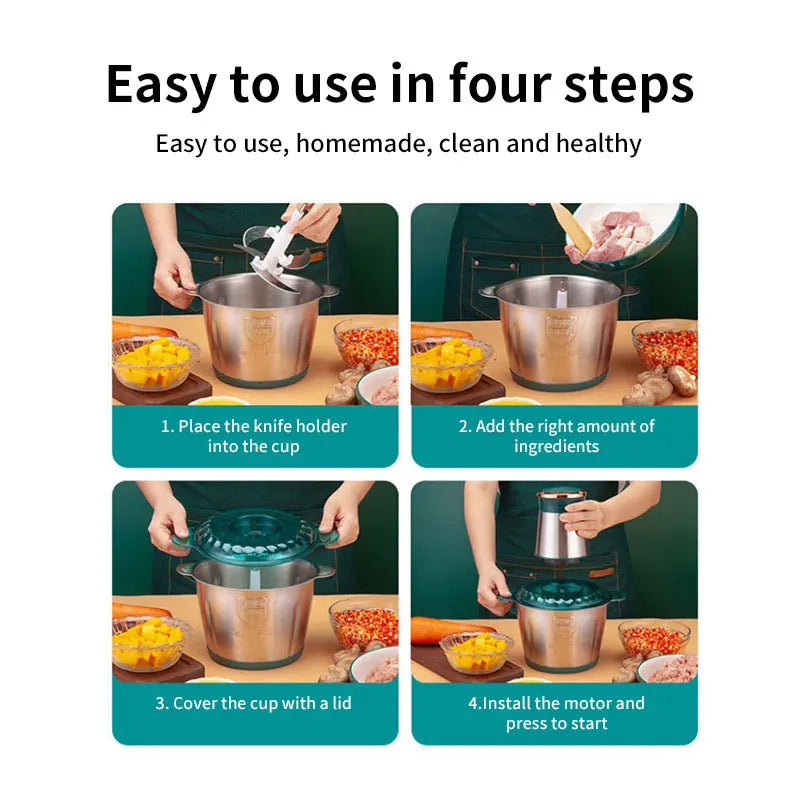 Electric Meat Mincer Grinder Stainless Steel Chopper 2L Food Processor Garlic Mud Maker Blender Large Capacity Kitchen Utensils