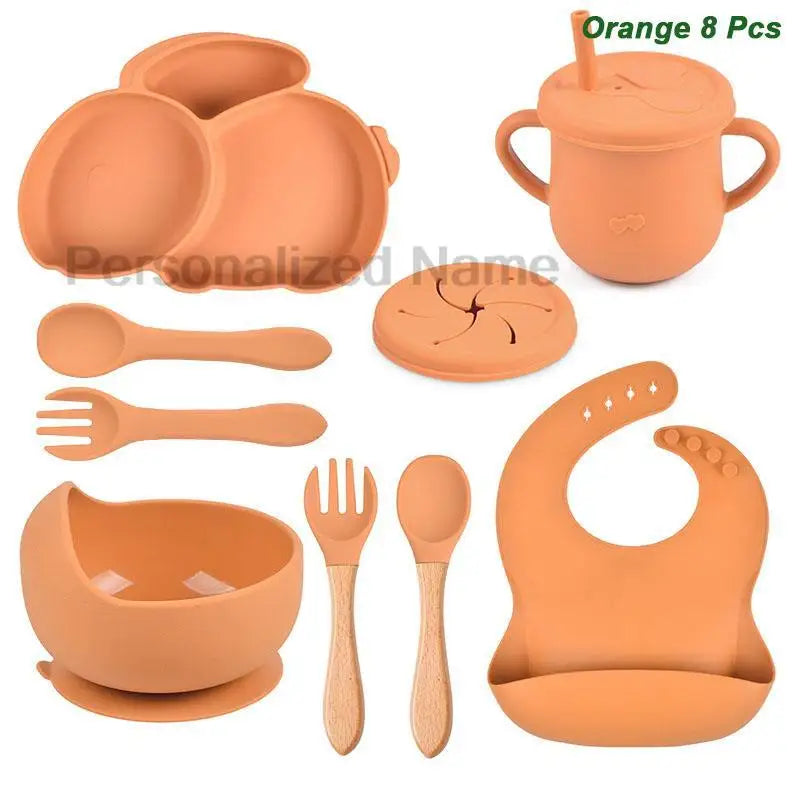 Free Personalized Name Baby Silicone Rabbit Divided Plate Set Baby Feeding Dishes BPA Free Bowl Plate Bibs Spoon Fork Sippy Cup