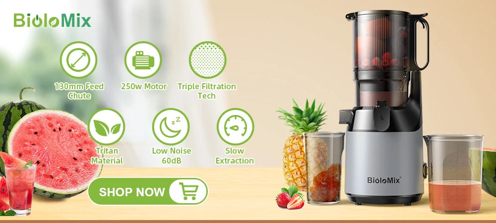 BioloMix 200W Cold Pressed Juicer with 78mm Feed Slot, Crushed Juice Extractor Fits Whole Fruits and Vegetables, Easy to Clean