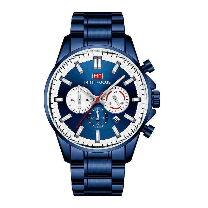 MINI FOCUS Chronograph Quartz Watch Men Silver Blue Waterproof Luminous Dress Wristwatch with Date Stainless Steel Strap 0469