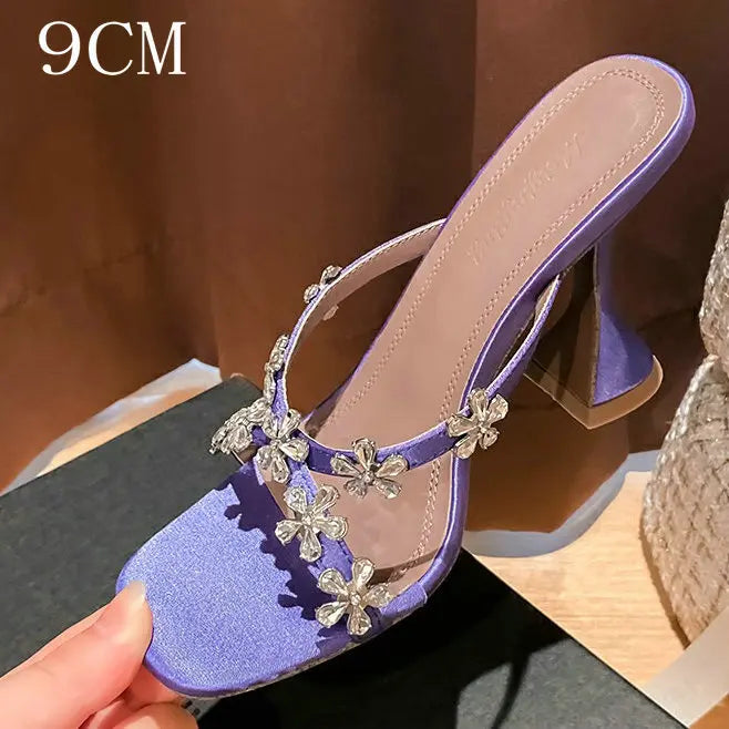 2024 New Summer Silver High Heels Women'S Crystal Flower Slippers Summer Beach Shoes