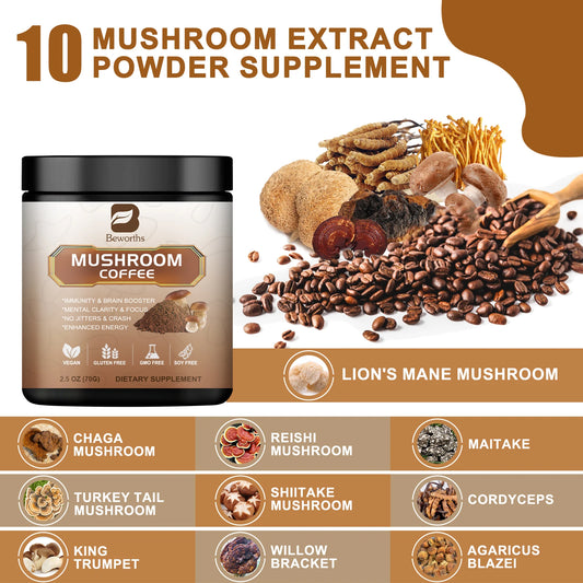 BWEORTHS 70/120/250G Mushroom Coffee Mixed Reishi&Lion's Mane Mushrooms Support Immunity&Focus Health Boost Memory NO-GMO