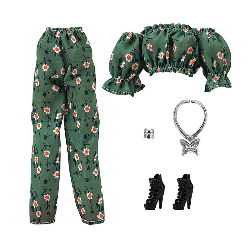 30cm Doll Clothes Floral Shirt Puff Sleeve Trousers Set Temperament Wear Matching Pieces Daily Doll Clothes Set For Girls Gift