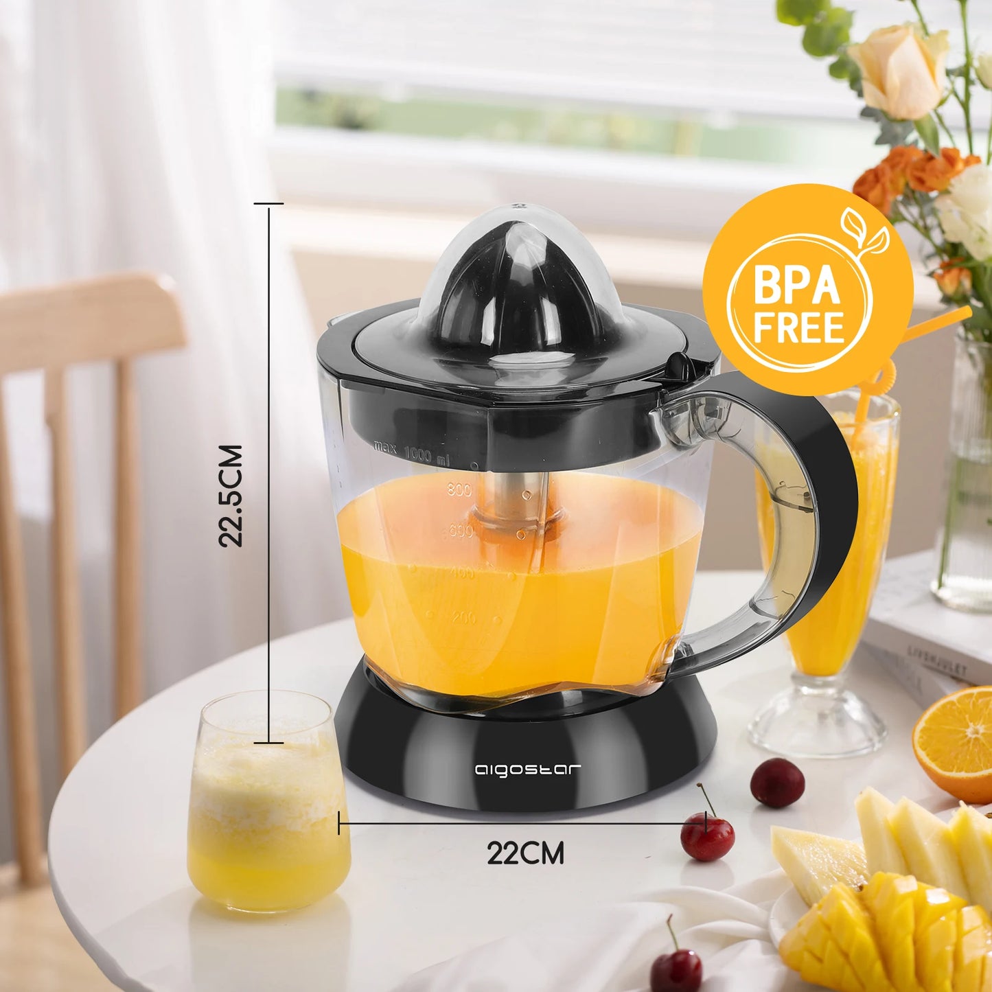 Electric Orange Juicer 40W 700 ml Drum Twist 2 Cones Dismontablesy Dust Cover Anti-Drip Nozzle Dishwasher Safe Black