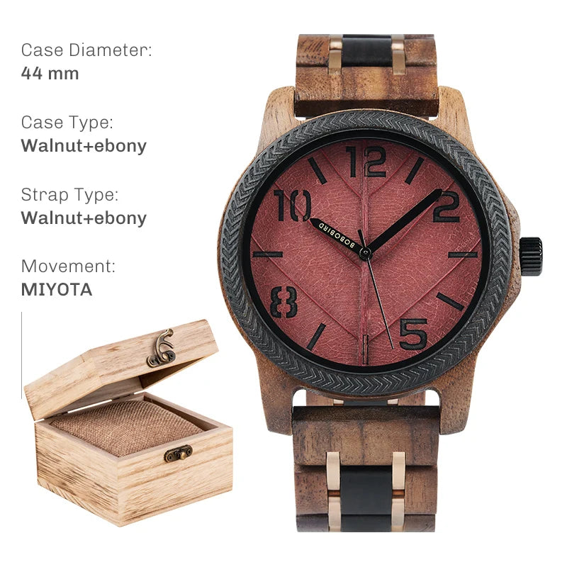 BOBO BIRD Men's Wood Watch with Genuine Leaf, Original Wooden Clock, Customized Watch, Handmade Watch, Anniversary Gift for Man