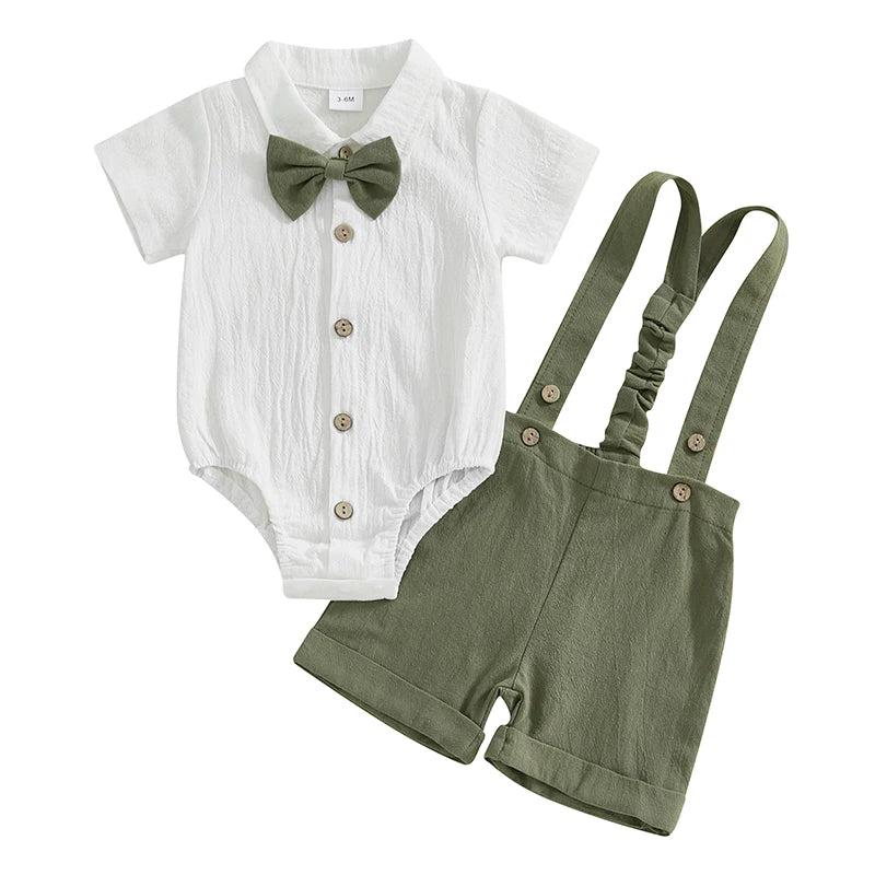 Toddler Baby Boy Gentleman Outfit Solid Color Short Sleeve Lapel Neck Romper with Suspender Shorts and Bowtie 3 Pcs Set