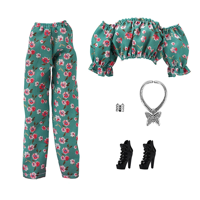 30cm Doll Clothes Floral Shirt Puff Sleeve Trousers Set Temperament Wear Matching Pieces Daily Doll Clothes Set For Girls Gift