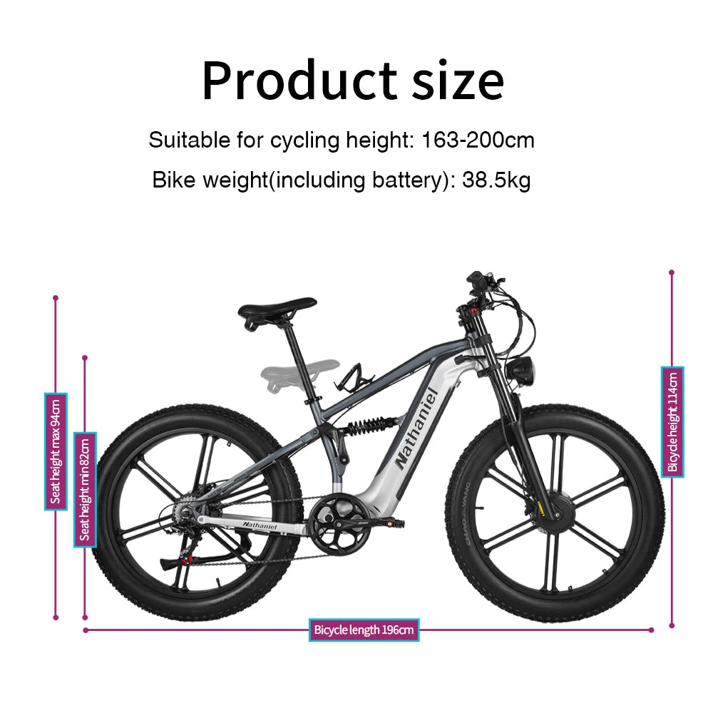 Nathaniel SYR09 26*4.0 electric bike, dual motor 2000W integrated wheel, 48V 20Ah, adjustable shock absorption, suitable for be