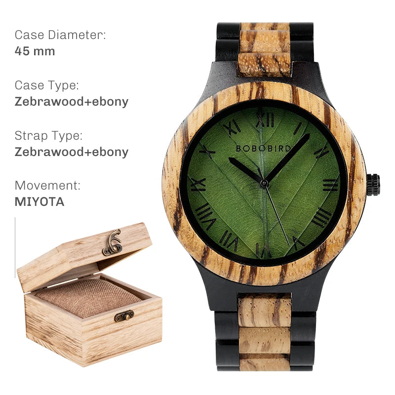 BOBO BIRD Men's Wood Watch with Genuine Leaf, Original Wooden Clock, Customized Watch, Handmade Watch, Anniversary Gift for Man