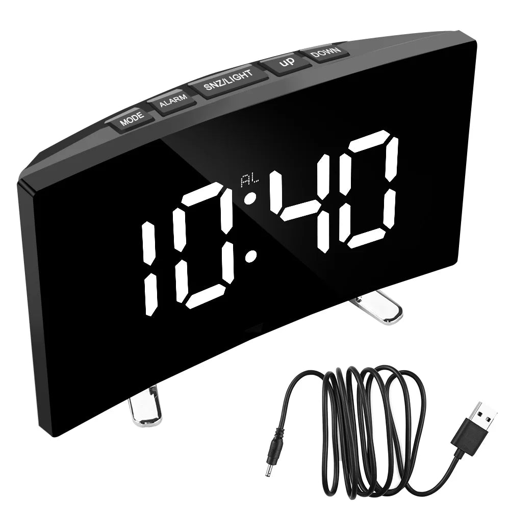 Curved Dimmable Mirror Clock Home Decors For Kids Bedroom 7 Inch Large Number Table Clock LED Screen Digital Alarm Clock