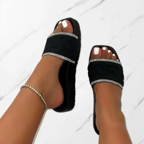 new women summer new square-headed simple rhinestone slippers women's large thick bottom beach slippers/sandals