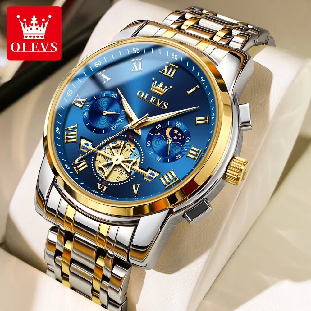 OLEVS Top Brand Couple Watches Stainless Steel Waterpoof Chronograph Moon Phase Flywheel Design Lover's Wristwatch for Men Women