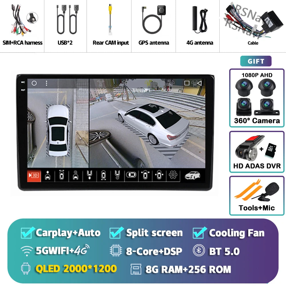 Android 14 Carplay Auto 2K Screen Car Radio Multimedia Player For Audi A4 2 3 B6 B7 S4 RS4 2000-2009 Autoradio Stereo Head Unit
