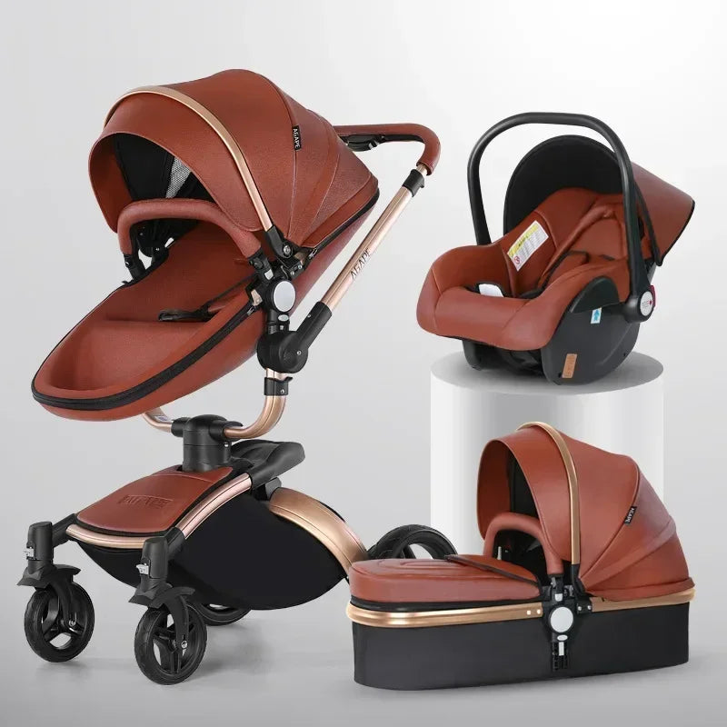 Landscape baby carriage PU leathe Baby stroller 3in1 Two-way High r Foldable shock-absorbing eggshell stroller 2in1