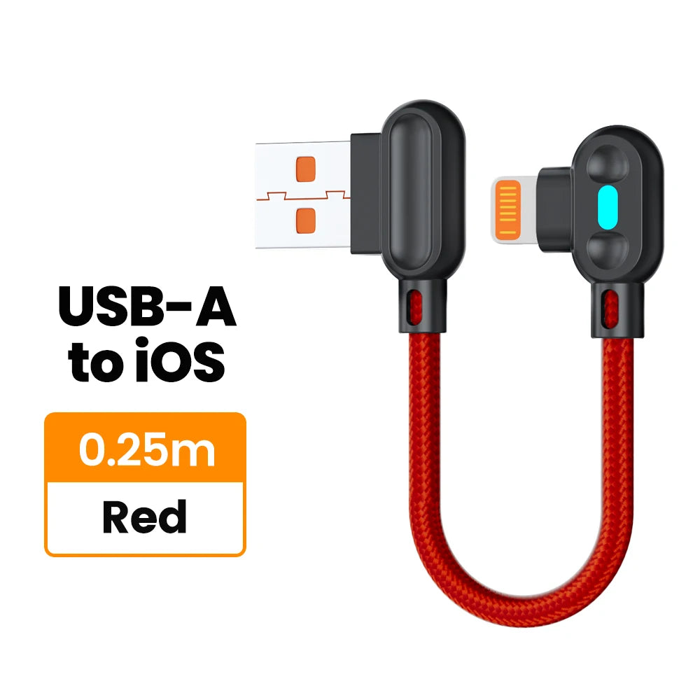 100W USB To Type C Fast Charging Cable 90° Double Elbow Bend Mobile Game Fast Charging Cable For Xiaomi Huawei With LED 0.25m/1m