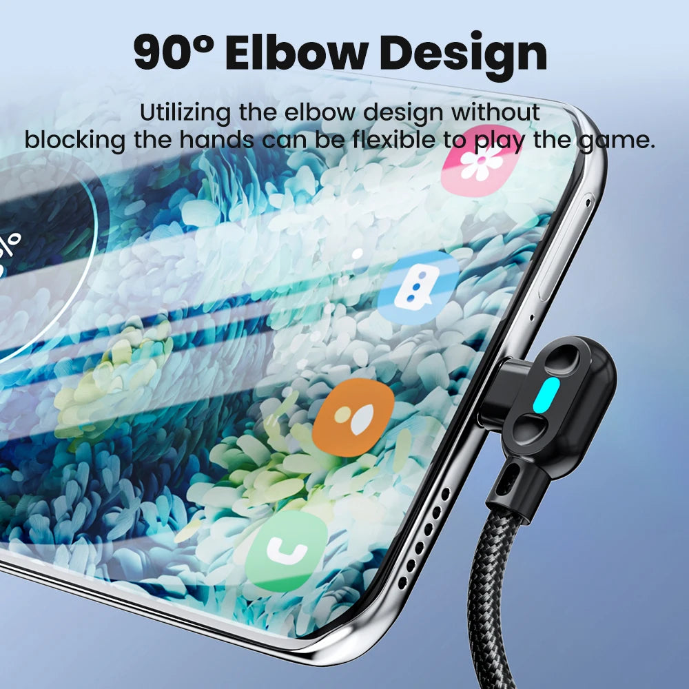 100W USB To Type C Fast Charging Cable 90° Double Elbow Bend Mobile Game Fast Charging Cable For Xiaomi Huawei With LED 0.25m/1m
