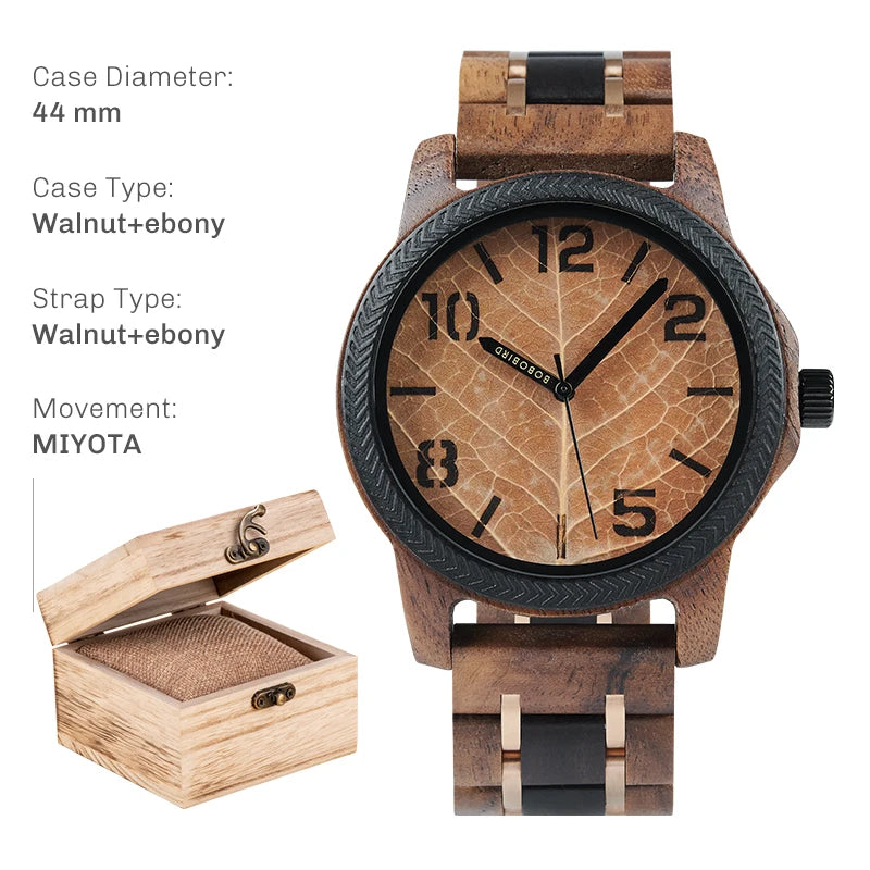 BOBO BIRD Men's Wood Watch with Genuine Leaf, Original Wooden Clock, Customized Watch, Handmade Watch, Anniversary Gift for Man