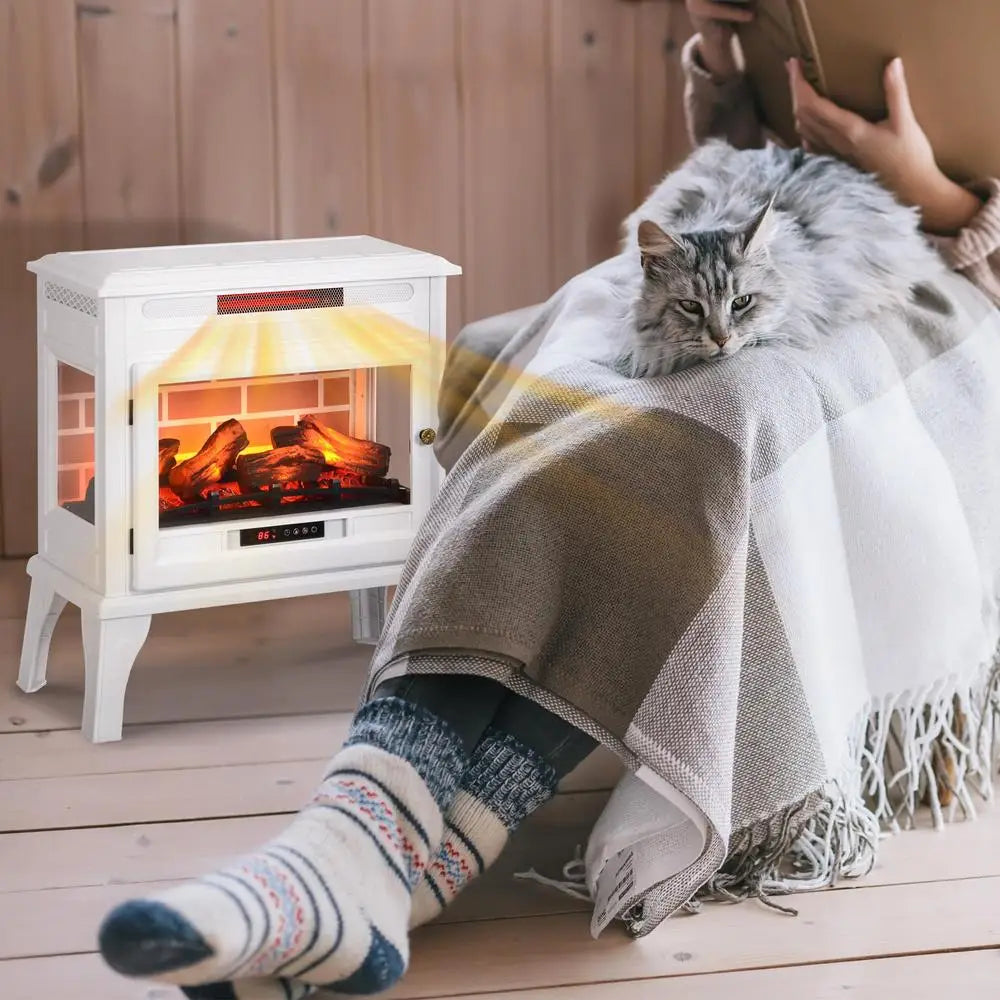 Electric Fireplace Stove 24" Infrared Heater 3D Flame Effect Remote Control Thermostat Safety Features Freestanding 1000-1500W