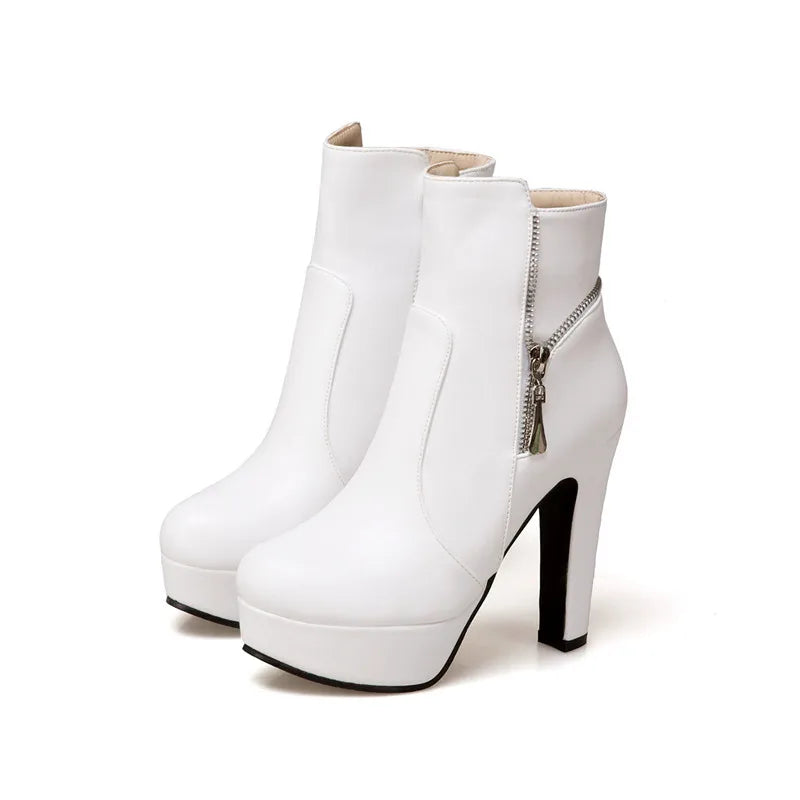Fashion Women's Ankle Boots High Heels Platform Motorcycle Boot Zipper Yellow Black White Short Shoes Female Large Size 45 48