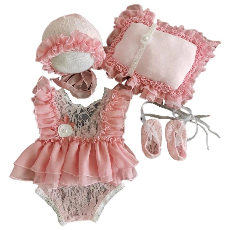 5 Pcs Newborn Photography Props Baby Lace Cute Romper Dress Hat Pillow Shorts Shoes Set Soft Cotton Bodysuit Jumpsuit
