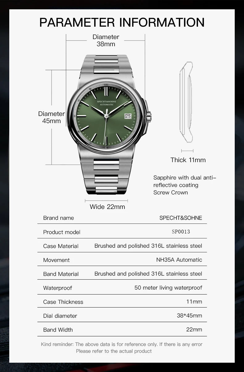 New Specht&Sohne Salmon Men's Automatic Watch 38MM Stainless Steel Japanese NH35 Mechanical Watch 50M Waterproof