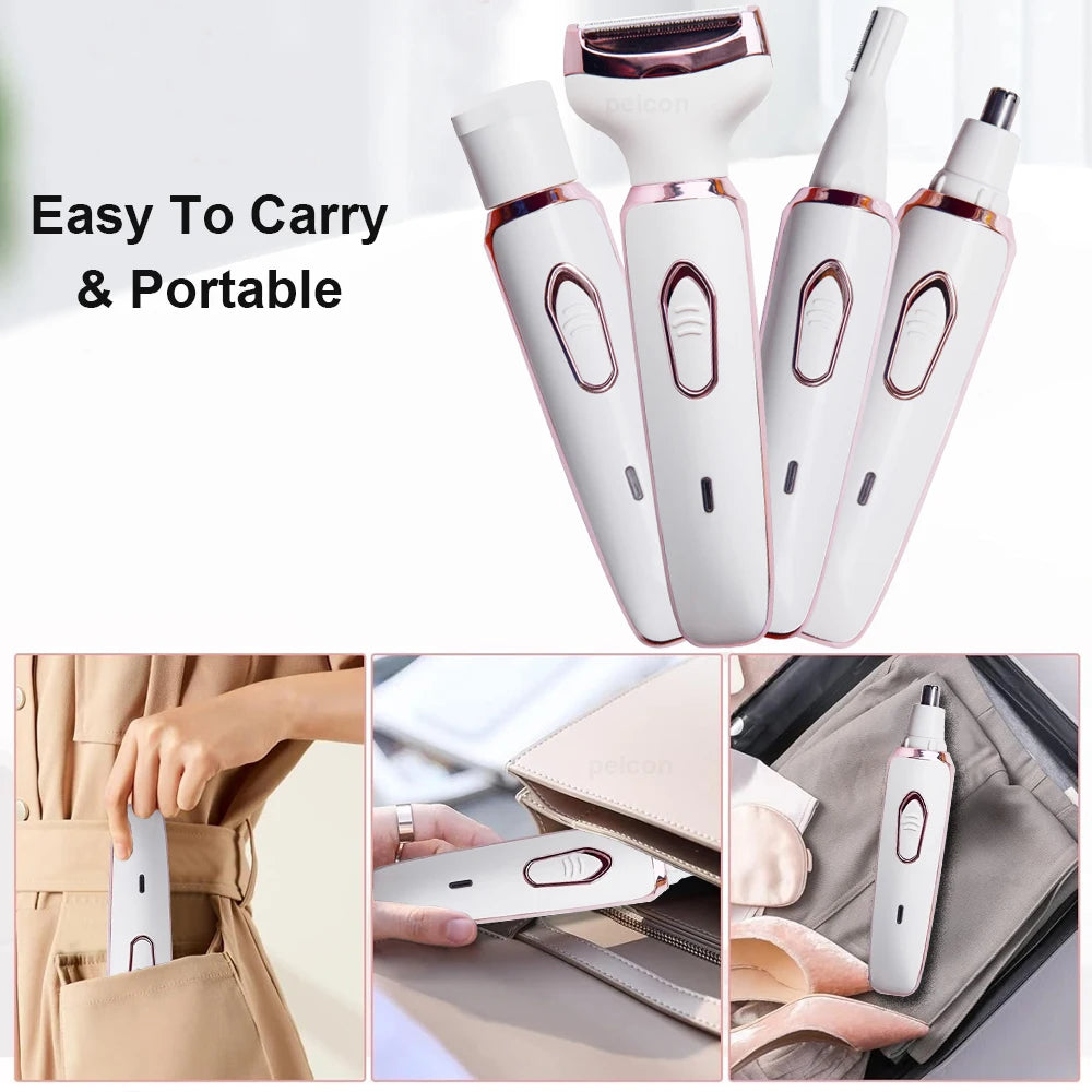 Epilator for Women 4 in 1 Hair Removal Painless Electric Razor Lady Shaver Eyebrow Nose Ear Face Body for Armpit Bikini Portable