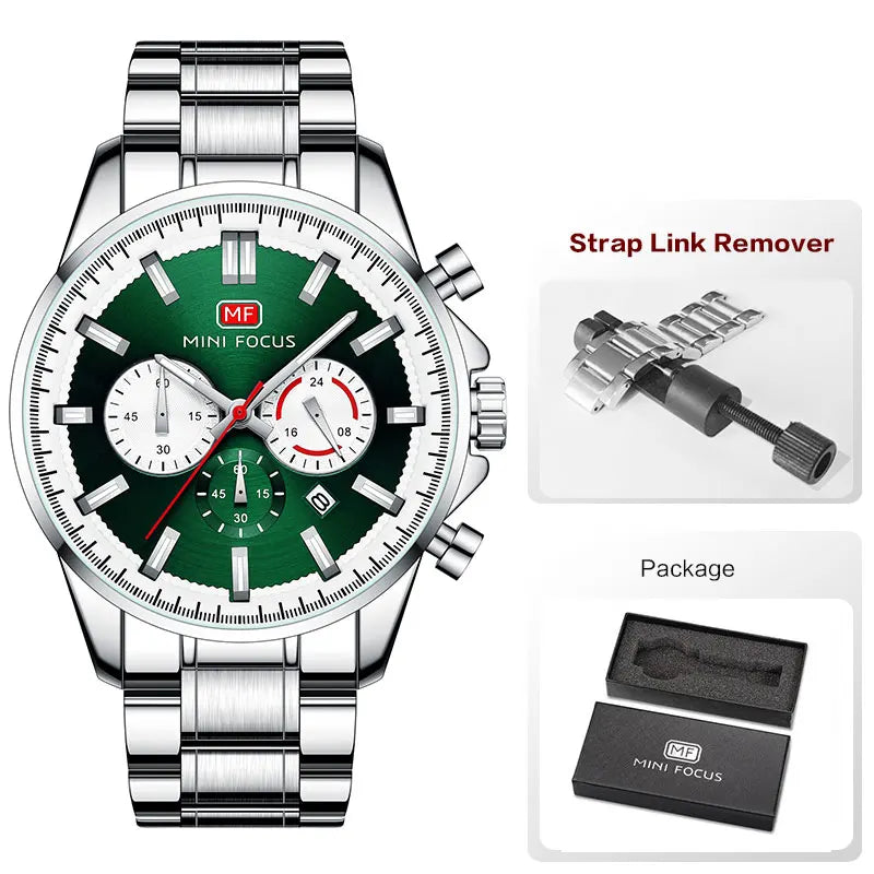 MINI FOCUS Chronograph Quartz Watch Men Silver Blue Waterproof Luminous Dress Wristwatch with Date Stainless Steel Strap 0469