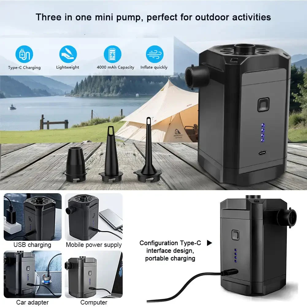 Electric Air Pump Inflator Air Compressor Battery Rechargeable Portable For PVC Boat Mattress Inflatable Pool Raft Tyre Balls