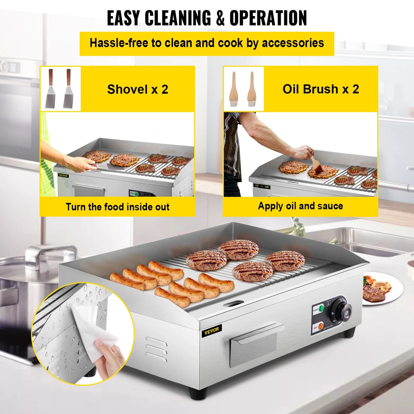 SucceBuy 14"-22" Electric Countertop Griddle Teppanyaki Grill 1600W/3200W Stainless Steel Flat Top Grills for Pancake Chicken - Merit Sell