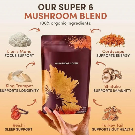 Organic Mushroom Coffee with 6 Types Adaptogenic Mushrooms MCT Oil Daily Brewing Use Smooth Flavor Beverage health support