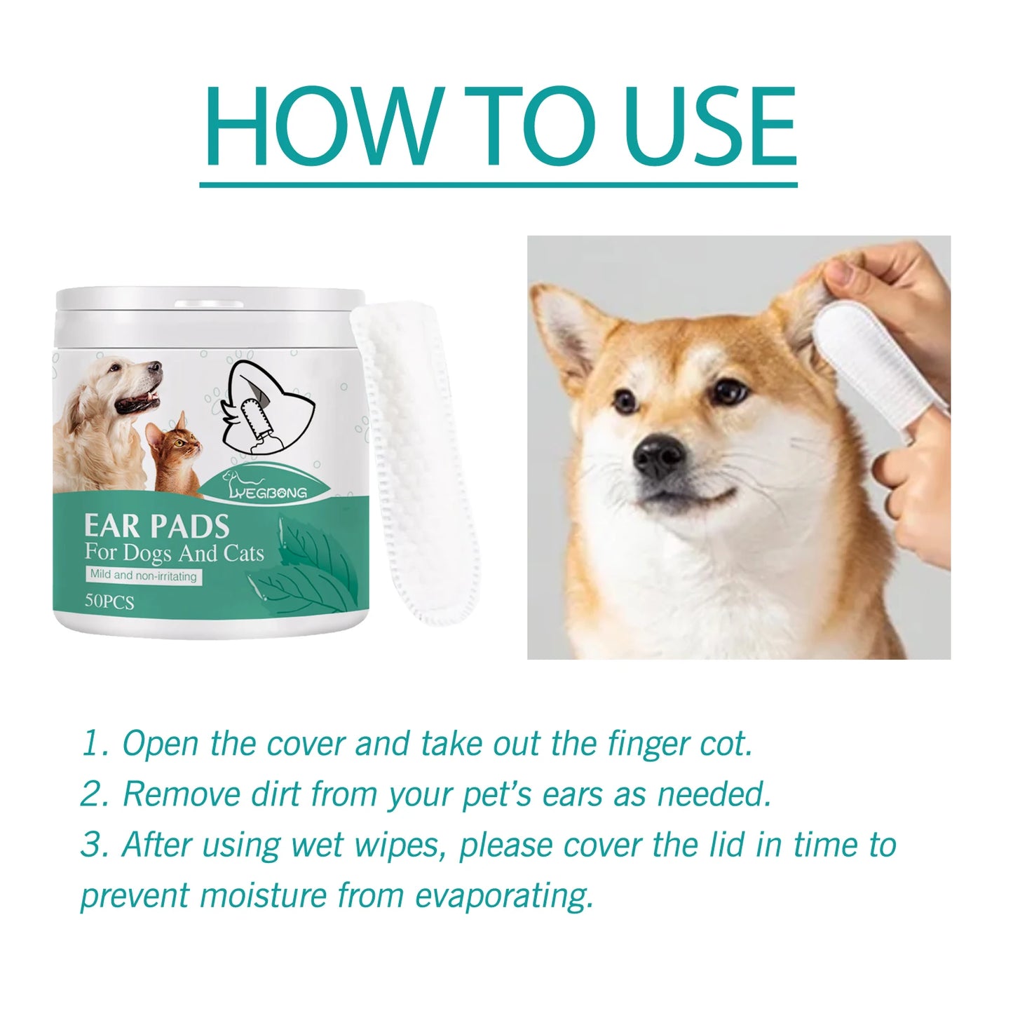 YEGBONG 50pcs Hypoallergenic Pet Ear Cleaning Finger Sleeves Pre Soaked Gentle Solution for Dogs and Cats Mite Control Ear Debri